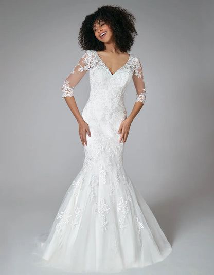 DingJiDress a floral lace mermaid gown with sleeves Wedding Dresses
