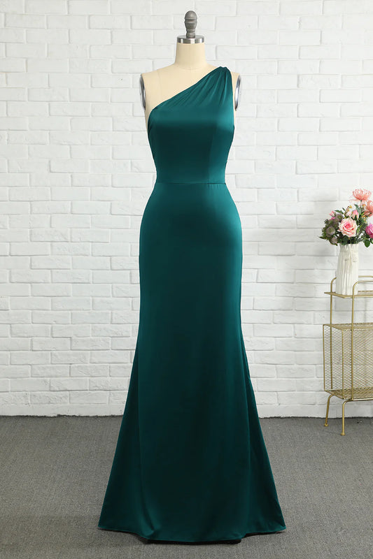 AerbaDress Mermaid One Shoulder Dark Green Long Bridesmaid Dress