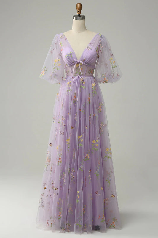 AerbaDress A-Line V-Neck Embroidery Lavender Long Prom Dress with Short Sleeves
