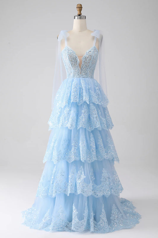 AerbaDress Sweetheart Bow Tie Straps Tiered Tulle Sequin Prom Dress with Appliques