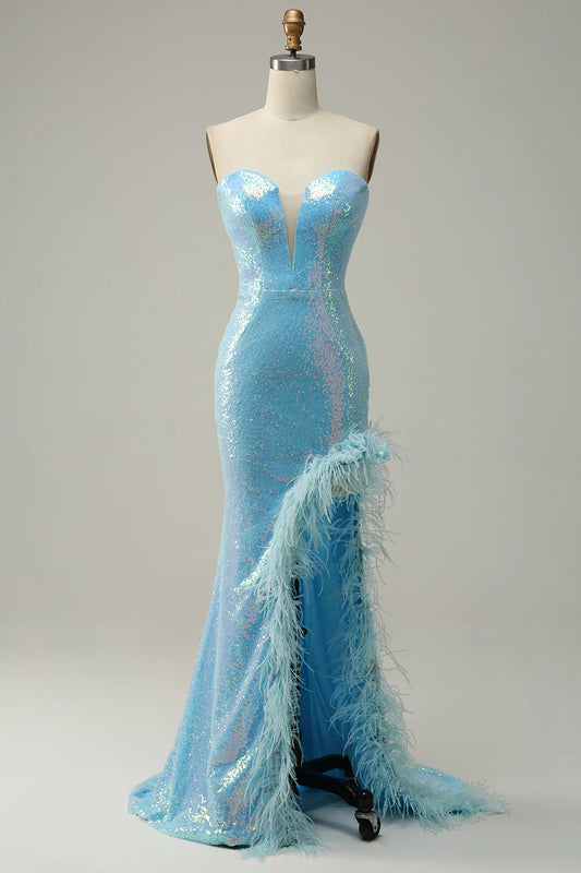 AerbaDress Mermaid Sweetheart Light Blue Sequins Long Prom Dress with Feather