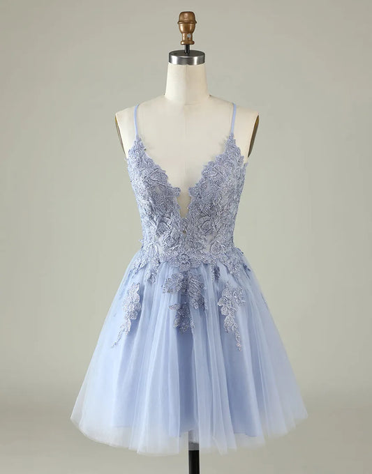 AerbaDress A-Line Spaghetti Straps Corset Back Tulle Dress With Appliques