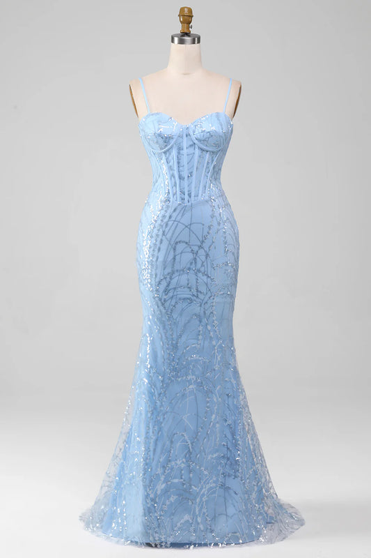 AerbaDress Light Blue Mermaid Sparkly Sequin Long Corset Prom Dress