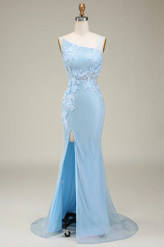 AerbaDress Stylish Mermaid Light Blue Long Prom Dress with Appliques