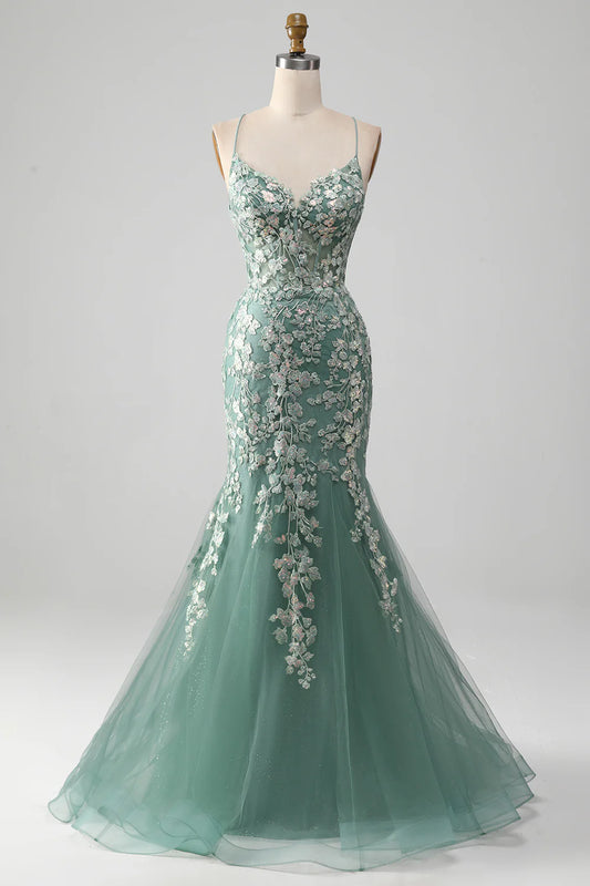 AerbaDress Mermaid Lace-Up Back Light Green Prom Dress with Appliques