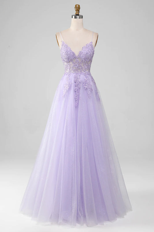 AerbaDress Sparkly Light Purple A-Line Spaghetti Straps Long Prom Dress With Beading