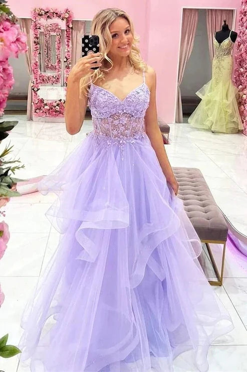 AerbaDress A-line Evening Dresses V-neck Lilac Tulle Long Prom Dresses Lace Appliques