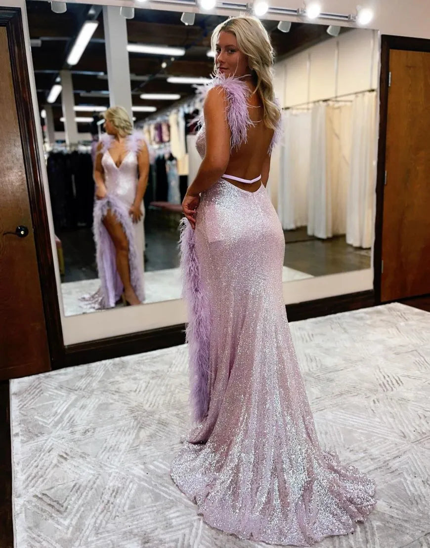 AerbaDress Prom Dress V-Neck Open Back Long Sequin With Feather