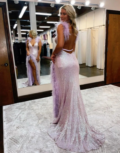 AerbaDress Prom Dress V-Neck Open Back Long Sequin With Feather