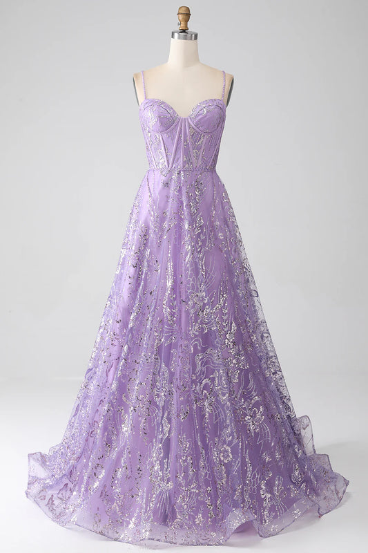 AerbaDress A-Line Spaghetti Straps Lilac Corset Prom Dress with Sequins