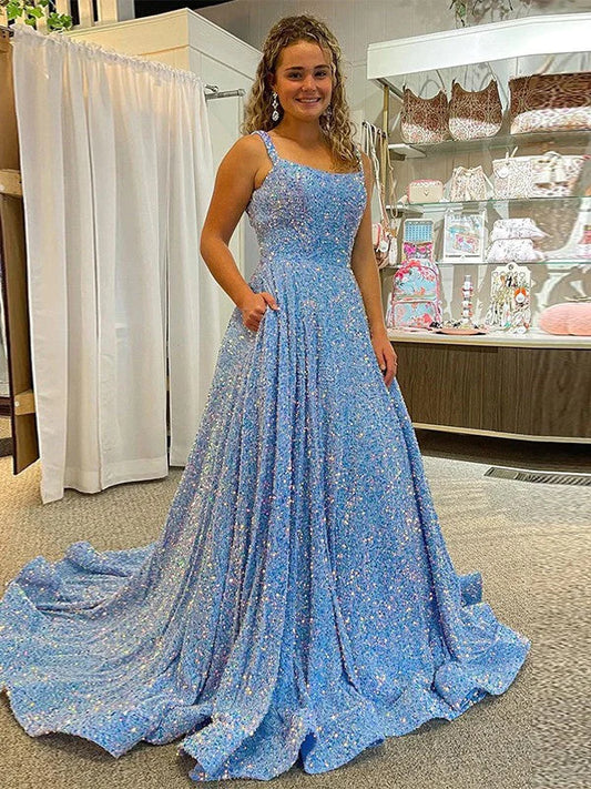 AerbaDress A-Line Scoop Sleeveless Long Velvet Sequin Prom Dress