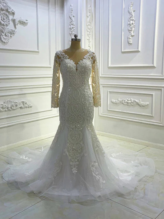 Elegant Long Sleeve V Neck Appique Mermaid Wedding Dresses
