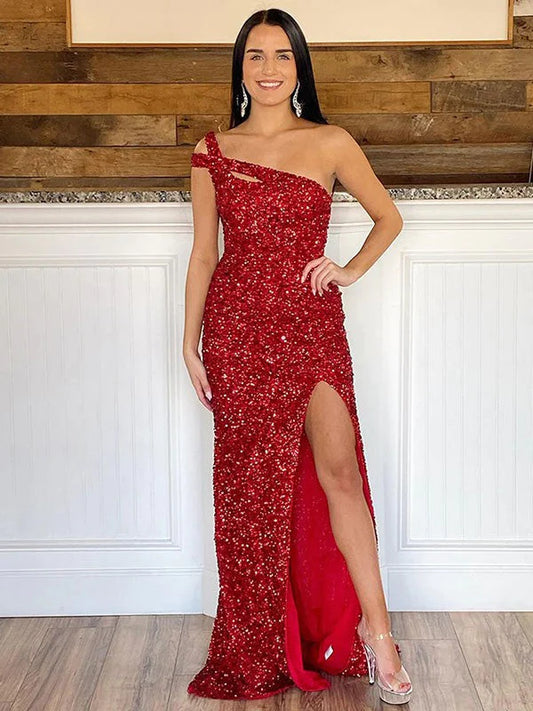 AerbaDress Sheath One Shoulder Sleeveless Long Sweep Train Velvet Sequin Prom Dress