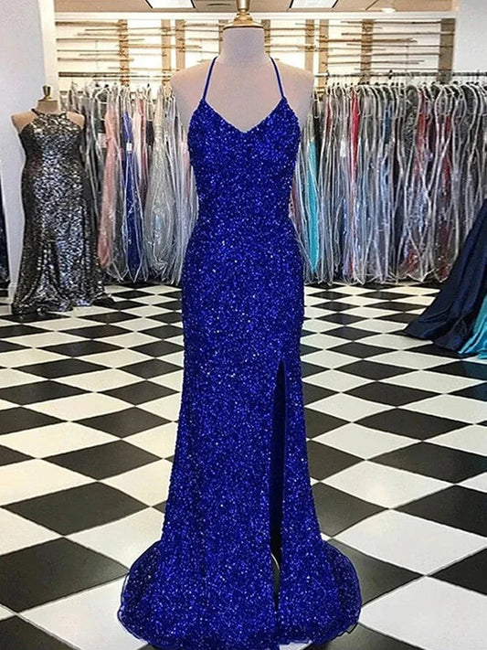 AerbaDress Sheath V-Neck Sleeveless Long Sweep Train Velvet Sequin Prom Dress