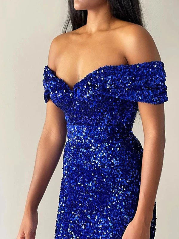 AerbaDress Mermaid Off the Shoulder Sleeveless Sweep Train Velvet Sequin Prom Dress