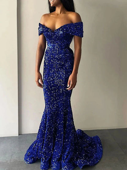 AerbaDress Mermaid Off the Shoulder Sleeveless Sweep Train Velvet Sequin Prom Dress