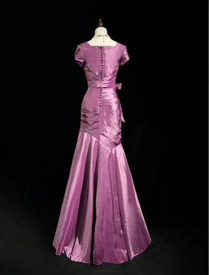 Luxurious Mermaid V-Neck Ruched Orchid Purple Long Satin Evening Dresses