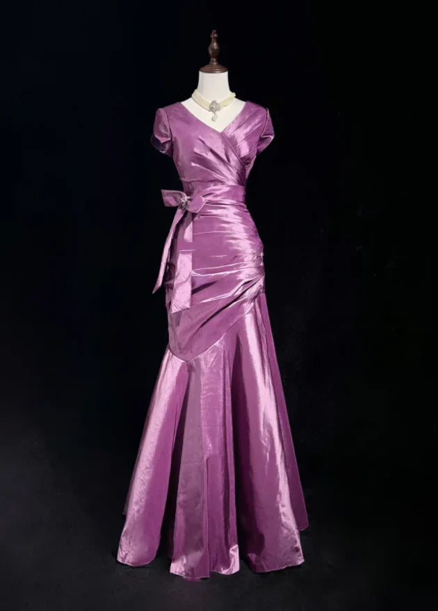 Luxurious Mermaid V-Neck Ruched Orchid Purple Long Satin Evening Dresses