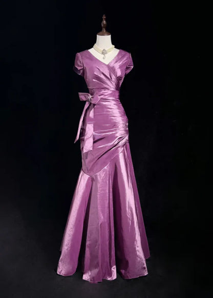 Luxurious Mermaid V-Neck Ruched Orchid Purple Long Satin Evening Dresses
