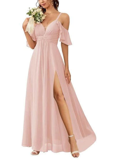 A Line/Princess Off-The-Shoulder Floor-Length elegant Bridesmaid Dresses With Pockets