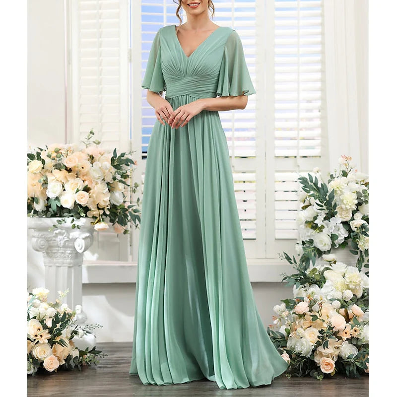 AerbaDress A-Line/Princess V Neck Short Sleeves elegant Bridesmaid Dresses Wedding Guest Dresses