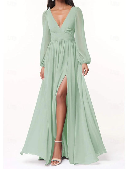 AerbaDress A-Line/Princess Plunging Neck Long Sleeves Bridesmaid Dresses Wedding Guest Dresses