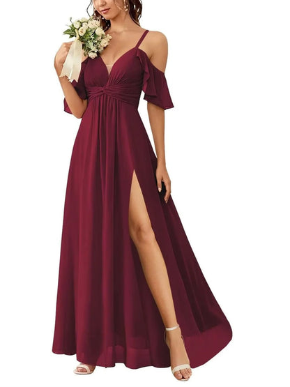 A Line/Princess Off-The-Shoulder Floor-Length elegant Bridesmaid Dresses With Pockets