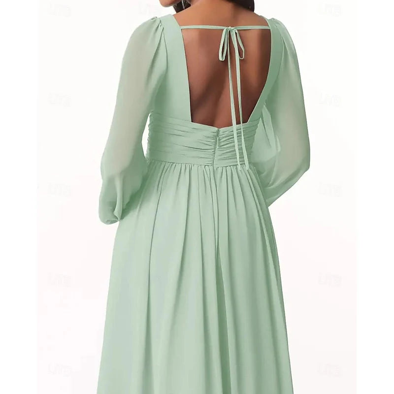 AerbaDress A-Line/Princess Plunging Neck Long Sleeves Bridesmaid Dresses Wedding Guest Dresses