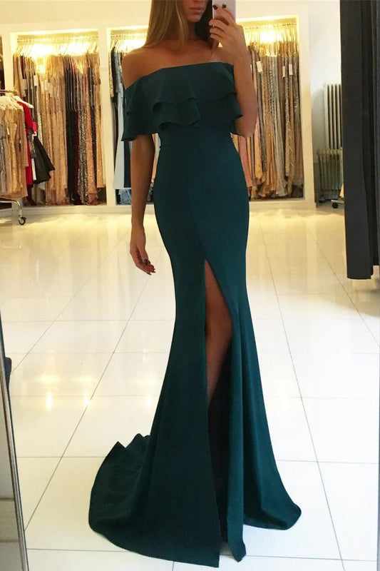 AerbaDress Evening Dresses Mermaid Boat Neck With Slit Sweep Train