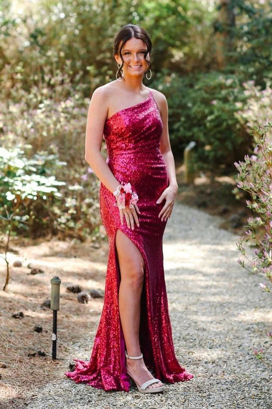 AerbaDress Long Prom Dress Mermaid Sequin One Shoulder with Slit