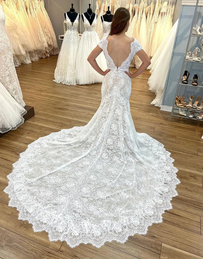 AerbaDress Wedding Dress Mermaid V-Neck Open Back Cap Sleeves Chapel Train Lace