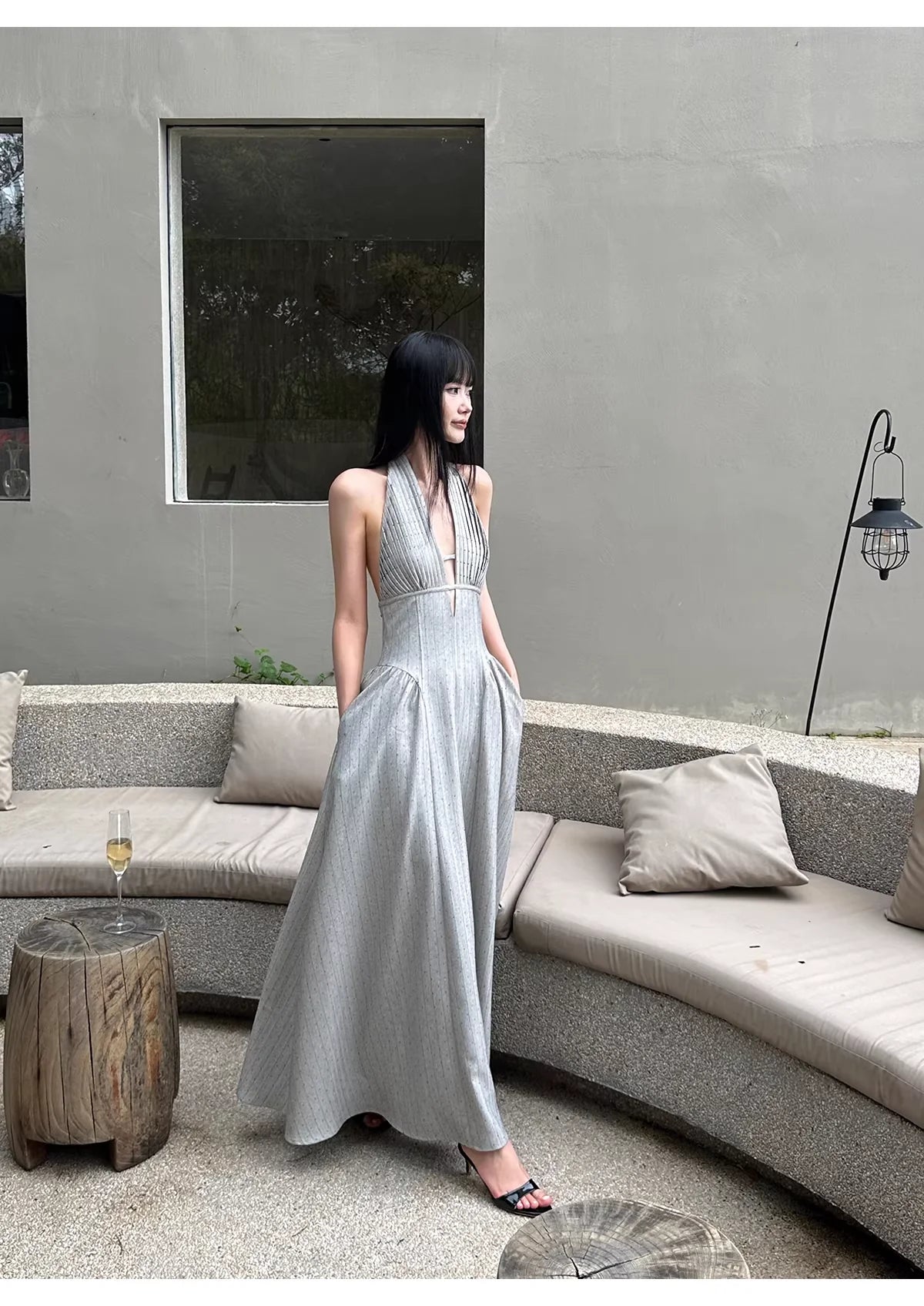 Minimalist A-Line Halter-Neck Pinstripe Grey Linen Long Evening Dresses