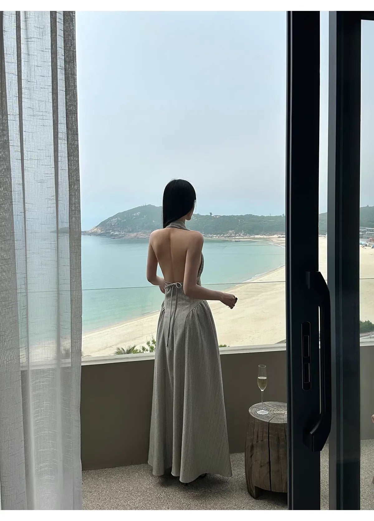 Minimalist A-Line Halter-Neck Pinstripe Grey Linen Long Evening Dresses