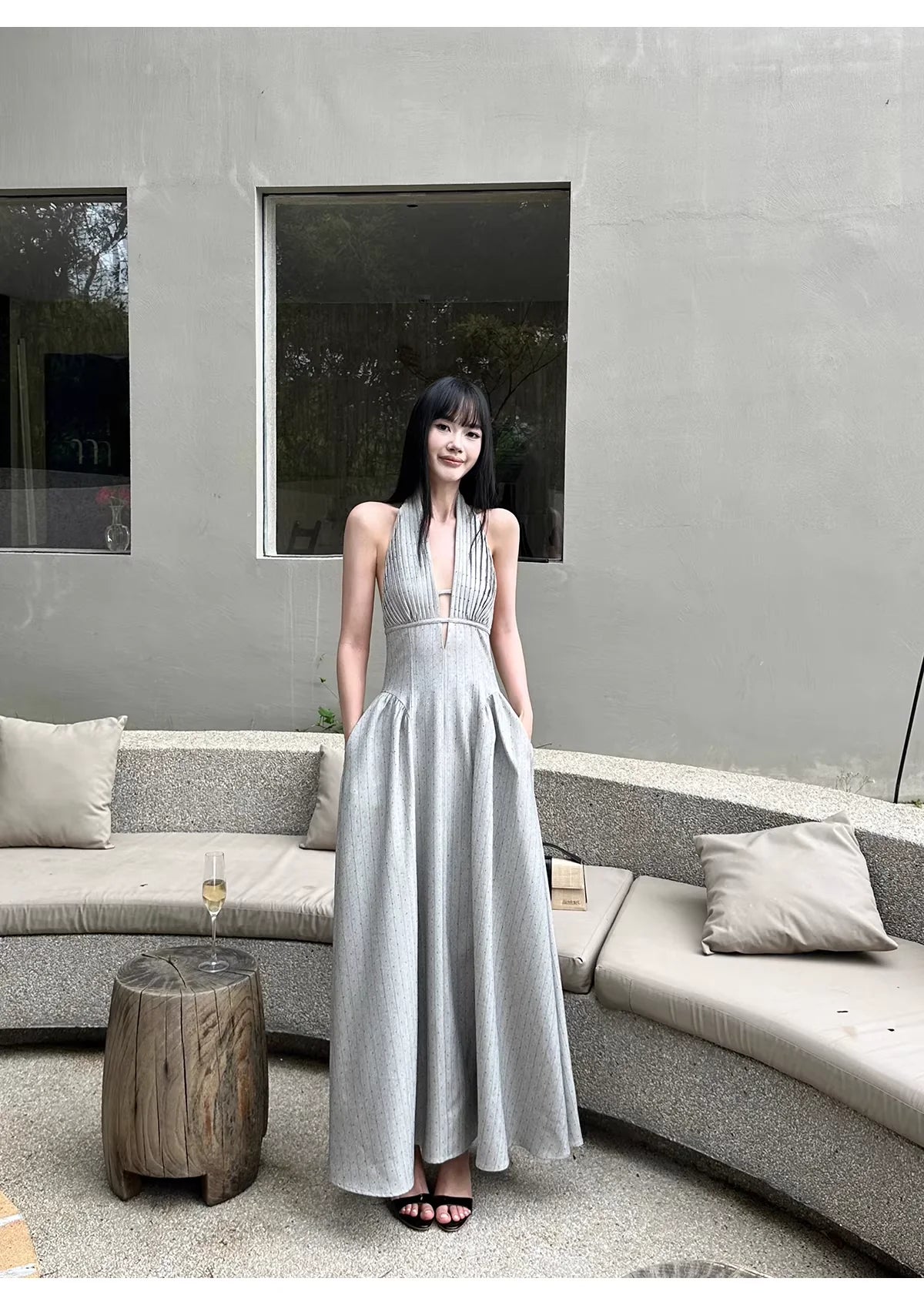 Minimalist A-Line Halter-Neck Pinstripe Grey Linen Long Evening Dresses