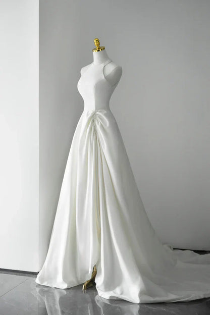 Minimalist Halter-Neck Sleeveless Ruched White Satin Long Prom Dresses