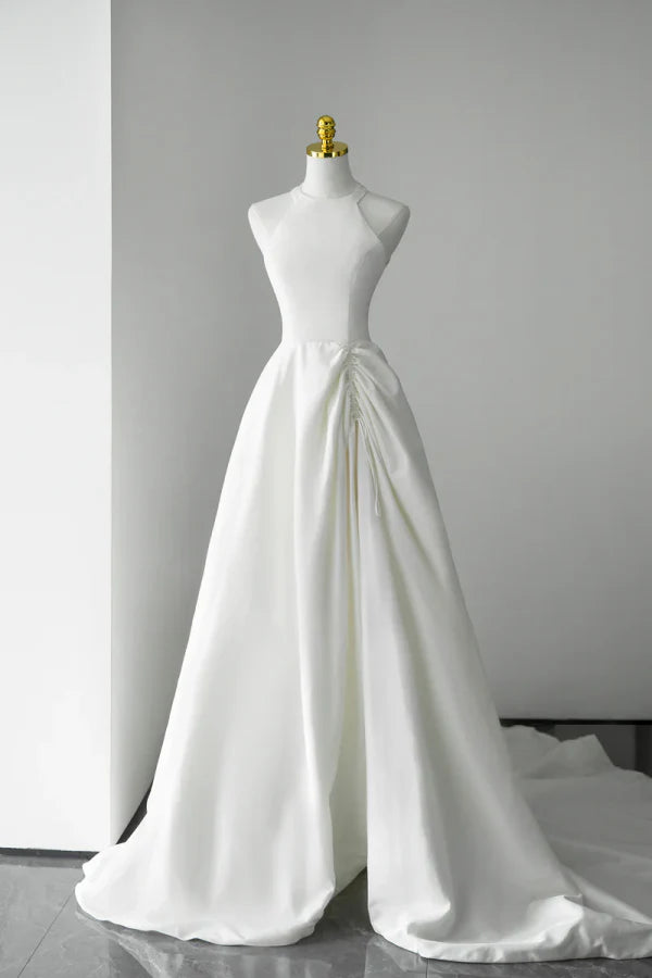 Minimalist Halter-Neck Sleeveless Ruched White Satin Long Prom Dresses
