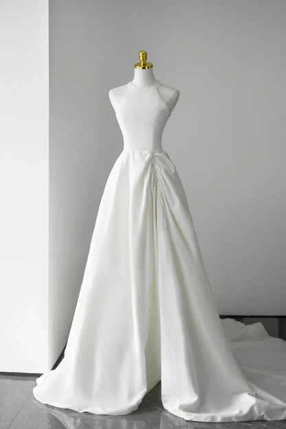 Minimalist Halter-Neck Sleeveless Ruched White Satin Long Prom Dresses