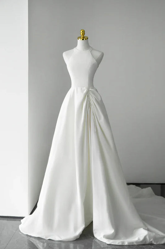 Minimalist Halter-Neck Sleeveless Ruched White Satin Long Prom Dresses