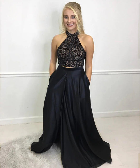 AerbaDress Prom Dresses Halter Navy Blue Long 2 Pieces Lace For Teens