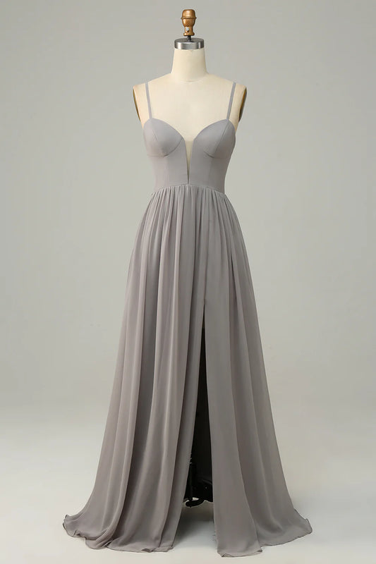 AerbaDress Silver A Line Spaghetti Straps Long Bridesmaid Dress With Slit