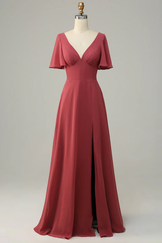 AerbaDress V Neck Short Sleeves Open Back Bridesmaid Dress