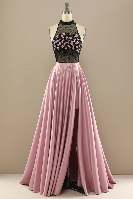 AerbaDress Dark Green Long Beaded Prom Dress With Flowers