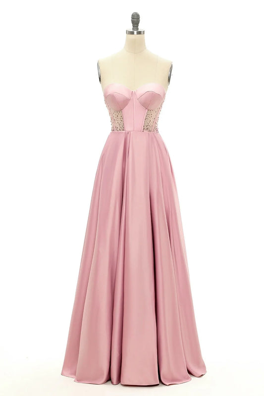 AerbaDress Blush Beaded Sweetheart Long Prom Dress