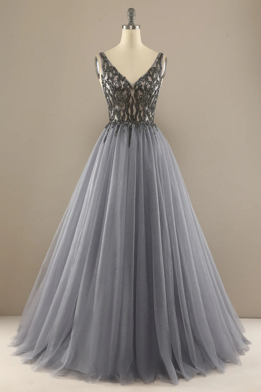AerbaDress Grey V Neck Long Beaded Prom Dress