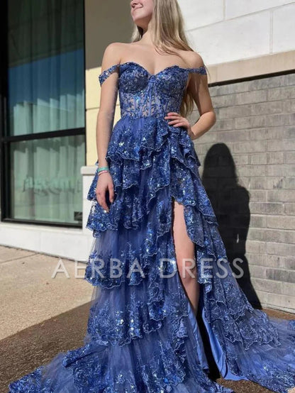 AERBA DRESS Evening Dress A LineTulle Off the Shoulder Sweetheart Tiered Ruffles Prom Dresses Split Sleeveless Corset Ball Gowns Long Dress