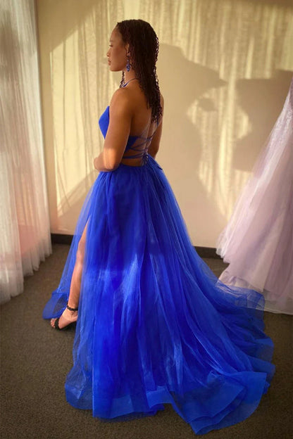 AerbaDress Evening Dresses V Neck Tulle Split Sweep Train Prom Dresses