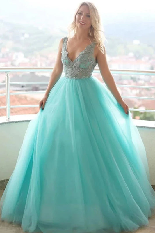 AerbaDress A-Line Prom Dresses Evening Dresses Long Beading Lace Tulle