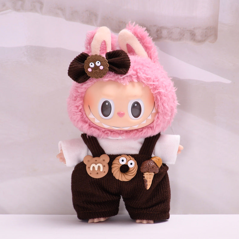 Handmade Labubu set can be paired with Labubu V1 Macaron and V2 seats, 17cm canvas pendant clothes, dark brown donut overalls, vinyl labubu baby clothes (excluding dolls)