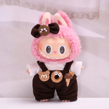 Handmade Labubu set can be paired with Labubu V1 Macaron and V2 seats, 17cm canvas pendant clothes, dark brown donut overalls, vinyl labubu baby clothes (excluding dolls)