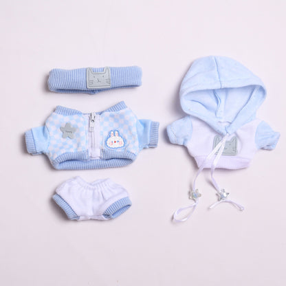 Handmade Labubu set can be paired with Labubu V1 Macaron and V2 seats 17cm Labubu pendant clothes fashionable blue jacket hoodie four piece set ragcloth casual dressing clothes (excluding dolls)